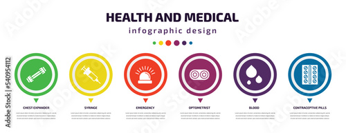 health and medical infographic element with icons and 6 step or option. health and medical icons such as chest expander, syringe, emergency, optometrist, blood, contraceptive pills vector. can be