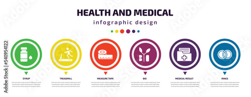 health and medical infographic element with icons and 6 step or option. health and medical icons such as syrup, treadmill, measure tape, bio, medical result, rings vector. can be used for banner,