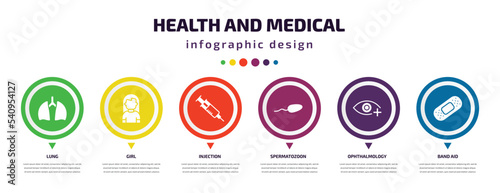 health and medical infographic element with icons and 6 step or option. health and medical icons such as lung, girl, injection, spermatozoon, ophthalmology, band aid vector. can be used for banner,