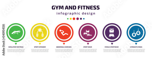 gym and fitness infographic element with icons and 6 step or option. gym and fitness icons such as simulator for press, sport expander, abdominal exercises, sport wear, female sportwear, gymnastic
