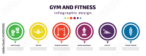 gym and fitness infographic element with icons and 6 step or option. gym and fitness icons such as sport gloves, protein, training apparatus, boxing mannequin, push up, fitness tracker vector. can