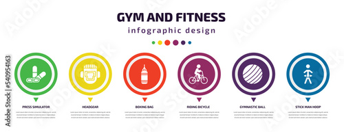 gym and fitness infographic element with icons and 6 step or option. gym and fitness icons such as press simulator, headgear, boxing bag, riding bicycle, gymnastic ball, stick man hoop vector. can
