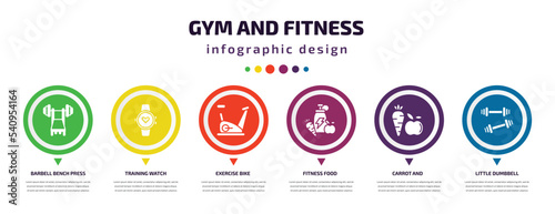 gym and fitness infographic element with icons and 6 step or option. gym and fitness icons such as barbell bench press, training watch, exercise bike, fitness food, carrot little dumbbell vector.