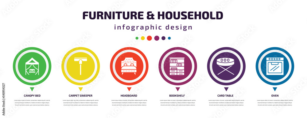 furniture & household infographic element with icons and 6 step or option. furniture & household icons such as canopy bed, carpet sweeper, headboard, bookshelf, card table, oven vector. can be used furniture & household infographic element with icons and 6 step or option. furniture & household icons such as canopy bed, carpet sweeper, headboard, bookshelf, card table, oven vector. can be used