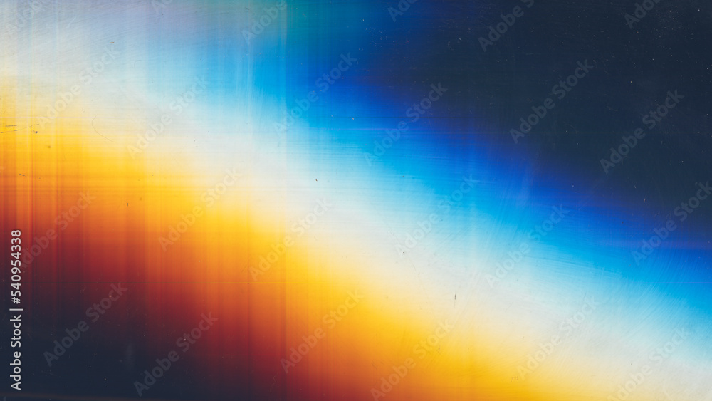Color noise. Old film. Grunge overlay. Orange blue white rainbow glow dust scratches stains on dark black illustration abstract empty space background. - obrazy, fototapety, plakaty 