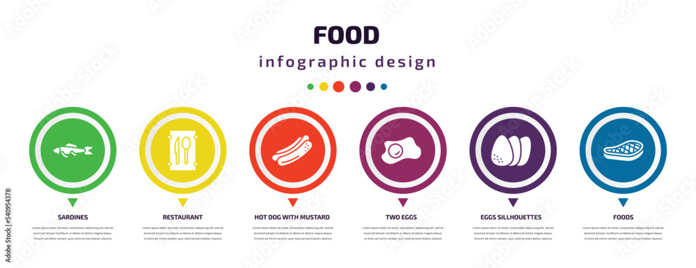 food infographic element with icons and 6 step or option. food icons such as sardines, restaurant, hot dog with mustard, two eggs, eggs sillhouettes, foods vector. can be used for banner, info food infographic element with icons and 6 step or option. food icons such as sardines, restaurant, hot dog with mustard, two eggs, eggs sillhouettes, foods vector. can be used for banner, info