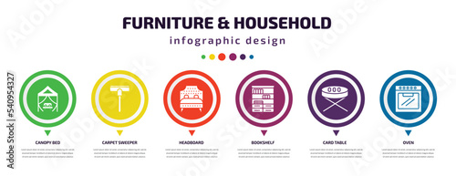 furniture & household infographic element with icons and 6 step or option. furniture & household icons such as canopy bed, carpet sweeper, headboard, bookshelf, card table, oven vector. can be used
