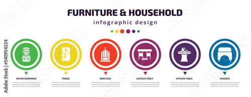 furniture & household infographic element with icons and 6 step or option. furniture & household icons such as water dispenser, fridge, bird cage, gateleg table, kitchen table, hassock vector. can