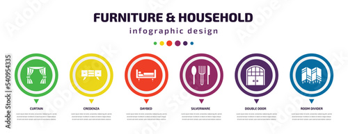 furniture & household infographic element with icons and 6 step or option. furniture & household icons such as curtain, credenza, daybed, silverware, double door, room divider vector. can be used