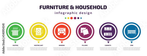 furniture & household infographic element with icons and 6 step or option. furniture & household icons such as heating, heating unit, window, pillows, cabinets, crib vector. can be used for banner,