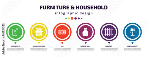 furniture & household infographic element with icons and 6 step or option. furniture & household icons such as refrigerator, laundry hamper, rug, garbage bags, radiator, bedroom lamp vector. can be