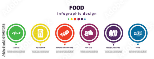food infographic element with icons and 6 step or option. food icons such as sardines, restaurant, hot dog with mustard, two eggs, eggs sillhouettes, foods vector. can be used for banner, info