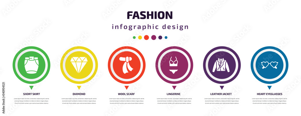 fashion infographic element with icons and 6 step or option. fashion icons such as short skirt, diamond, wool scarf, lingerine, leather jacket, heart eyeglasses vector. can be used for banner, info fashion infographic element with icons and 6 step or option. fashion icons such as short skirt, diamond, wool scarf, lingerine, leather jacket, heart eyeglasses vector. can be used for banner, info