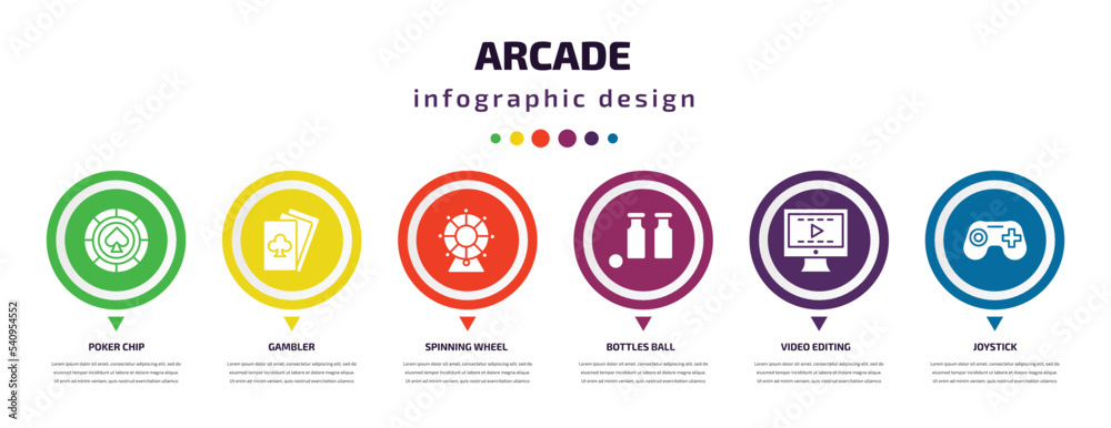arcade infographic element with icons and 6 step or option. arcade icons such as poker chip, gambler, spinning wheel, bottles ball, video editing, joystick vector. can be used for banner, info arcade infographic element with icons and 6 step or option. arcade icons such as poker chip, gambler, spinning wheel, bottles ball, video editing, joystick vector. can be used for banner, info