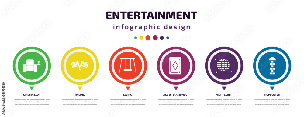 entertainment infographic element with icons and 6 step or option. entertainment icons such as cinema seat, racing, swing, ace of diamonds, nightclub, hopscotch vector. can be used for banner, info entertainment infographic element with icons and 6 step or option. entertainment icons such as cinema seat, racing, swing, ace of diamonds, nightclub, hopscotch vector. can be used for banner, info