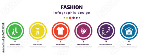 fashion infographic element with icons and 6 step or option. fashion icons such as woman boots, gym clothes, white t shirt, diamond precious stone, high heel sandals, royal vector. can be used for