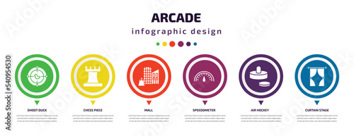 arcade infographic element with icons and 6 step or option. arcade icons such as shoot duck, chess piece, mall, speedometer, air hockey, curtain stage vector. can be used for banner, info graph,