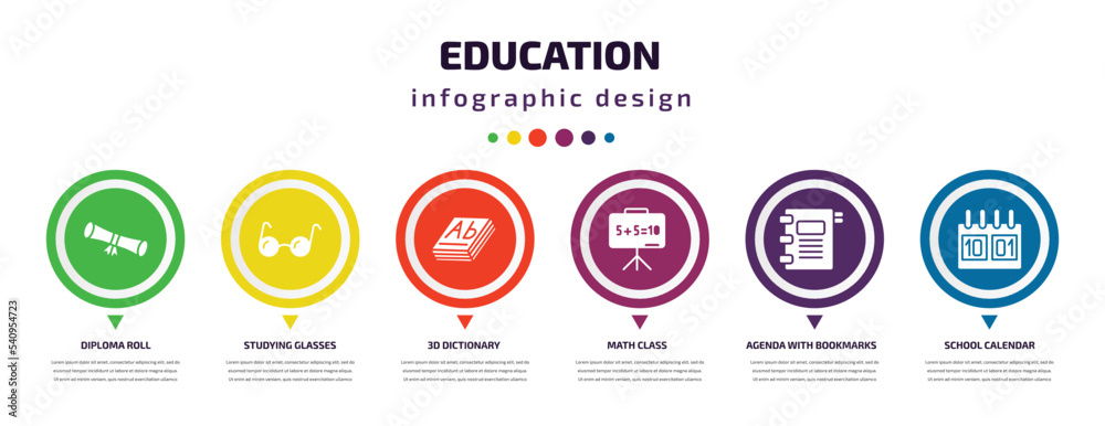 education infographic element with icons and 6 step or option. education icons such as diploma roll, studying glasses, 3d dictionary, math class, agenda with bookmarks, school calendar vector. can education infographic element with icons and 6 step or option. education icons such as diploma roll, studying glasses, 3d dictionary, math class, agenda with bookmarks, school calendar vector. can