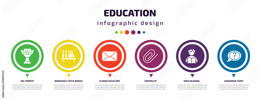 education infographic element with icons and 6 step or option. education icons such as big trophy, bookshelf with books, closed envelope, paperclip, man reading, unknown topic vector. can be used education infographic element with icons and 6 step or option. education icons such as big trophy, bookshelf with books, closed envelope, paperclip, man reading, unknown topic vector. can be used
