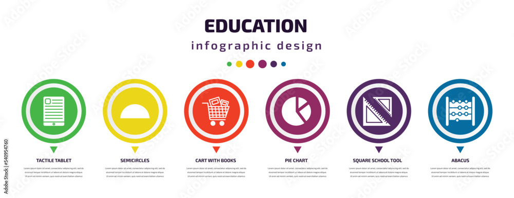 education infographic element with icons and 6 step or option. education icons such as tactile tablet, semicircles, cart with books, pie chart, square school tool, abacus vector. can be used for education infographic element with icons and 6 step or option. education icons such as tactile tablet, semicircles, cart with books, pie chart, square school tool, abacus vector. can be used for