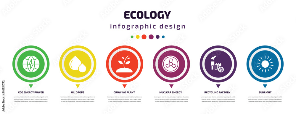 ecology infographic element with icons and 6 step or option. ecology icons such as eco energy power, oil drops, growing plant, nuclear energy, recycling factory, sunlight vector. can be used for ecology infographic element with icons and 6 step or option. ecology icons such as eco energy power, oil drops, growing plant, nuclear energy, recycling factory, sunlight vector. can be used for