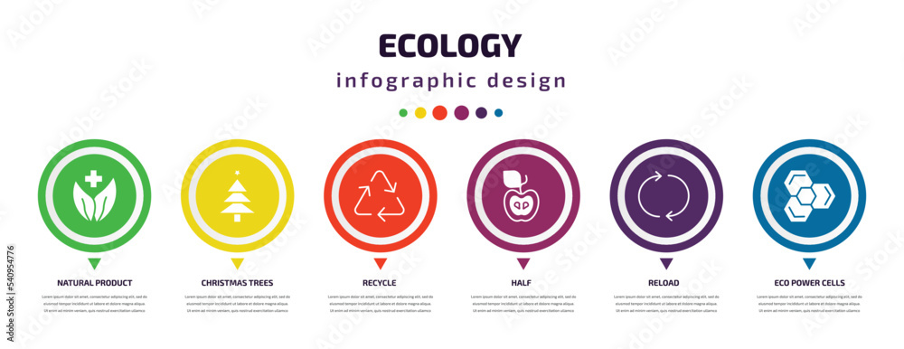 ecology infographic element with icons and 6 step or option. ecology icons such as natural product, christmas trees, recycle, half, reload, eco power cells vector. can be used for banner, info ecology infographic element with icons and 6 step or option. ecology icons such as natural product, christmas trees, recycle, half, reload, eco power cells vector. can be used for banner, info