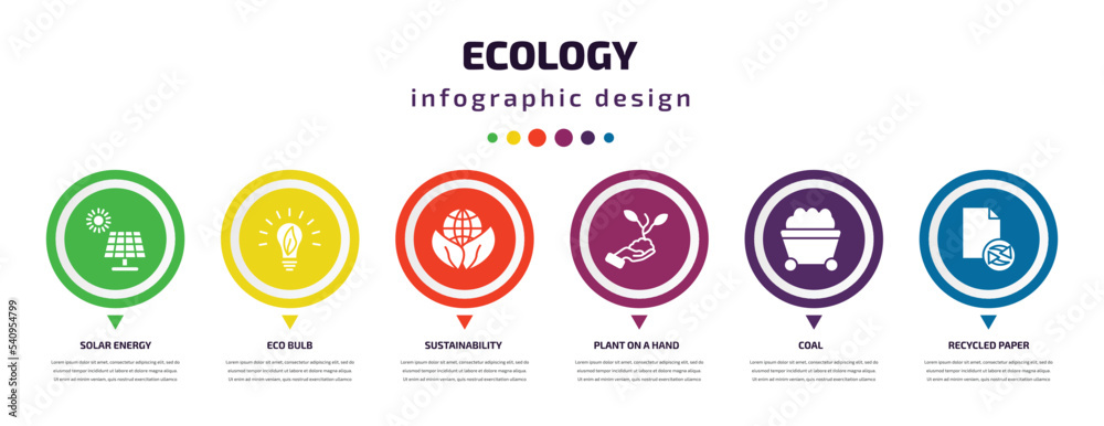 ecology infographic element with icons and 6 step or option. ecology icons such as solar energy, eco bulb, sustainability, plant on a hand, coal, recycled paper vector. can be used for banner, info