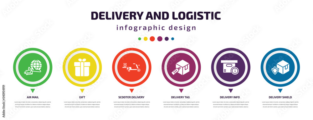 delivery and logistic infographic element with icons and 6 step or option. delivery and logistic icons such as air mail, gift, scooter delivery, tag, info, shield vector. can be used for banner, delivery and logistic infographic element with icons and 6 step or option. delivery and logistic icons such as air mail, gift, scooter delivery, tag, info, shield vector. can be used for banner,