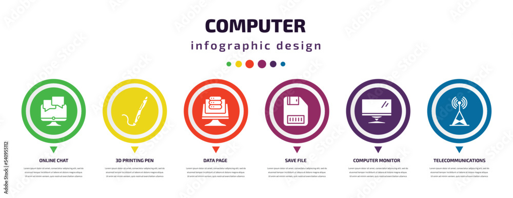 computer infographic element with icons and 6 step or option. computer icons such as online chat, 3d printing pen, data page, save file, computer monitor, telecommunications vector. can be used for computer infographic element with icons and 6 step or option. computer icons such as online chat, 3d printing pen, data page, save file, computer monitor, telecommunications vector. can be used for