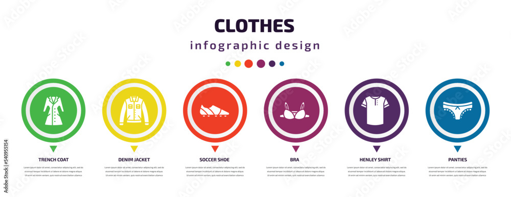 clothes infographic element with icons and 6 step or option. clothes icons such as trench coat, denim jacket, soccer shoe, bra, henley shirt, panties vector. can be used for banner, info graph, web, clothes infographic element with icons and 6 step or option. clothes icons such as trench coat, denim jacket, soccer shoe, bra, henley shirt, panties vector. can be used for banner, info graph, web,