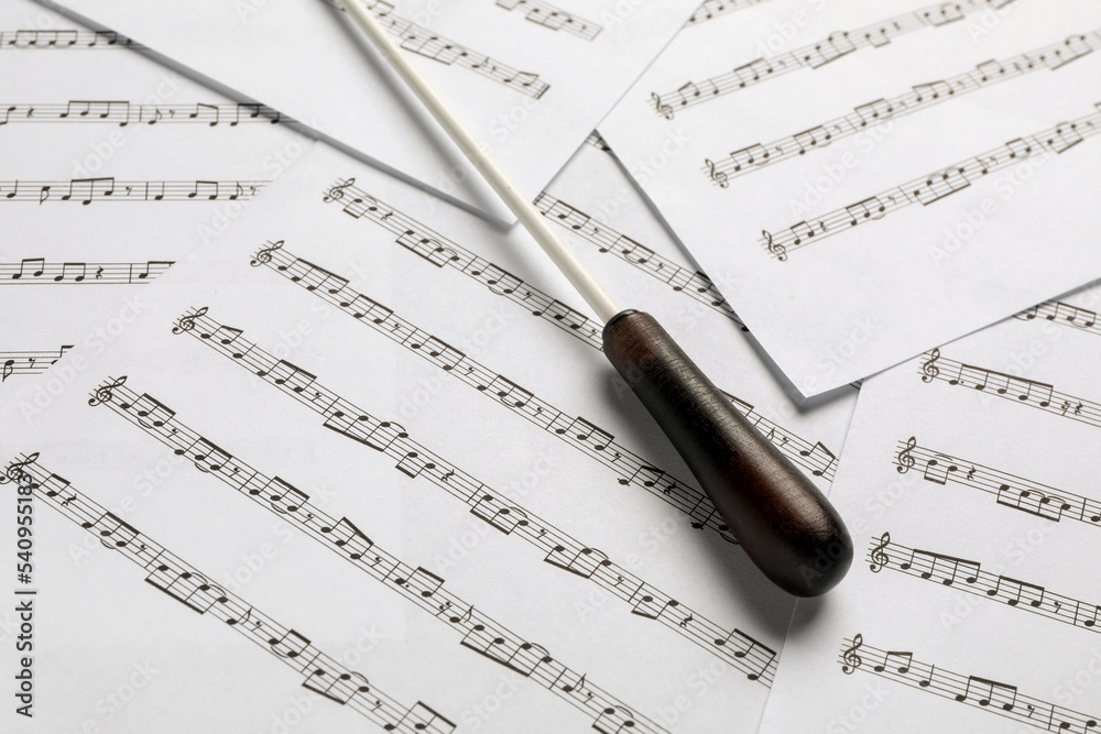 Conductor's baton on sheet music, closeup view Conductor's baton on sheet music, closeup view