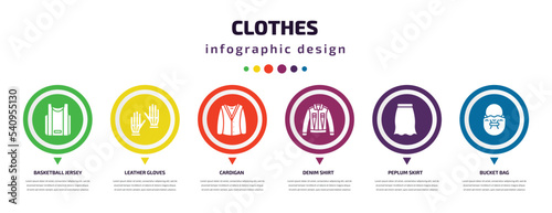 clothes infographic element with icons and 6 step or option. clothes icons such as basketball jersey, leather gloves, cardigan, denim shirt, peplum skirt, bucket bag vector. can be used for banner,