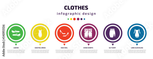 clothes infographic element with icons and 6 step or option. clothes icons such as loafer, cocktail dress, high heel, chino shorts, slit skirt, long sleeveless dress vector. can be used for banner,