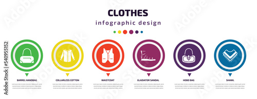 clothes infographic element with icons and 6 step or option. clothes icons such as barrel handbag, collarless cotton shirt, waistcoat, gladiator sandal, hobo bag, shawl vector. can be used for