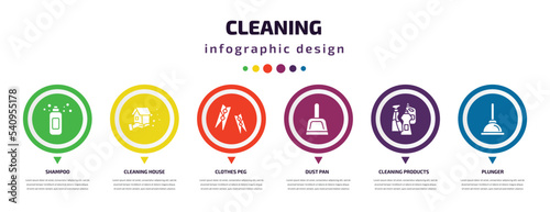 cleaning infographic element with icons and 6 step or option. cleaning icons such as shampoo, cleaning house, clothes peg, dust pan, products, plunger vector. can be used for banner, info graph,