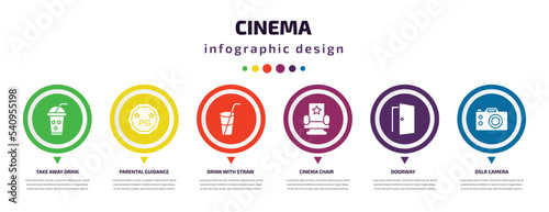 cinema infographic element with icons and 6 step or option. cinema icons such as take away drink, parental guidance, drink with straw, cinema chair, doorway, dslr camera vector. can be used for