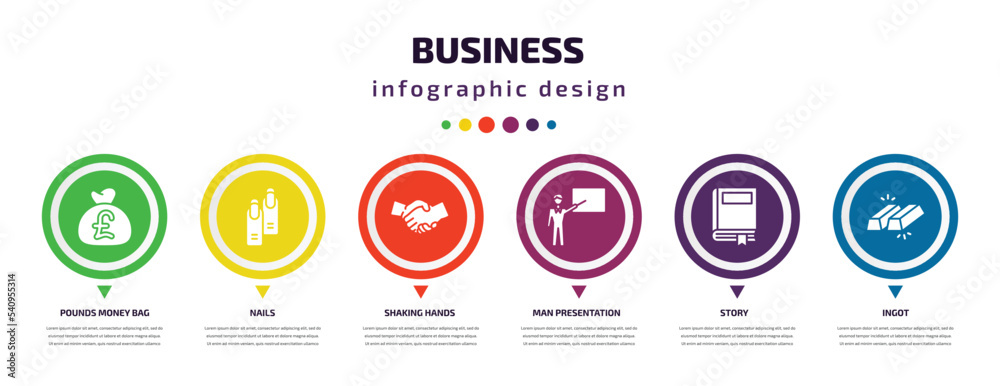 business infographic element with icons and 6 step or option. business icons such as pounds money bag, nails, shaking hands, man presentation, story, ingot vector. can be used for banner, info business infographic element with icons and 6 step or option. business icons such as pounds money bag, nails, shaking hands, man presentation, story, ingot vector. can be used for banner, info