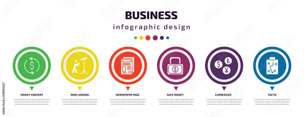 business infographic element with icons and 6 step or option. business icons such as money convert, man looking, newspaper page, safe money, currencies, tactic vector. can be used for banner, info business infographic element with icons and 6 step or option. business icons such as money convert, man looking, newspaper page, safe money, currencies, tactic vector. can be used for banner, info