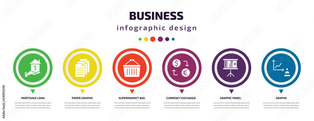 business infographic element with icons and 6 step or option. business icons such as mortgage loan, paper graphic, supermarket bag, currency exchange, graphic panel, graphs vector. can be used for business infographic element with icons and 6 step or option. business icons such as mortgage loan, paper graphic, supermarket bag, currency exchange, graphic panel, graphs vector. can be used for