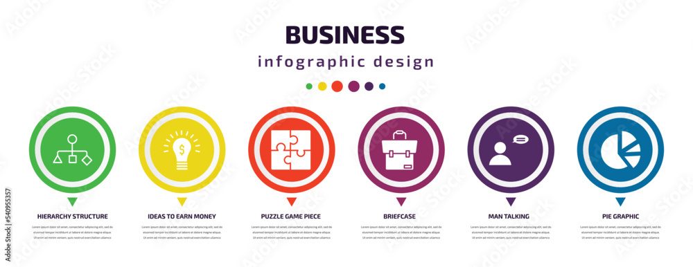 business infographic element with icons and 6 step or option. business icons such as hierarchy structure, ideas to earn money, puzzle game piece, briefcase, man talking, pie graphic vector. can be business infographic element with icons and 6 step or option. business icons such as hierarchy structure, ideas to earn money, puzzle game piece, briefcase, man talking, pie graphic vector. can be