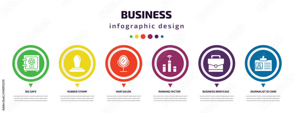 business infographic element with icons and 6 step or option. business icons such as big safe, rubber stamp, hair salon, ranking factor, business briefcase, journalist id card vector. can be used business infographic element with icons and 6 step or option. business icons such as big safe, rubber stamp, hair salon, ranking factor, business briefcase, journalist id card vector. can be used