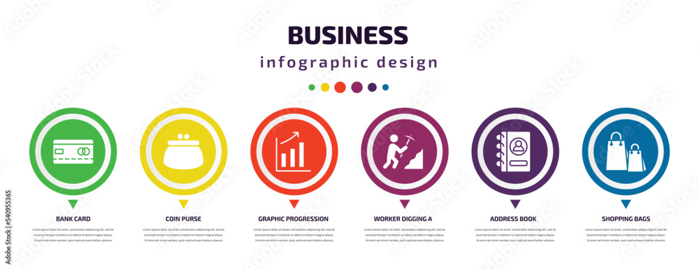 business infographic element with icons and 6 step or option. business icons such as bank card, coin purse, graphic progression, worker digging a hole, address book, shopping bags vector. can be business infographic element with icons and 6 step or option. business icons such as bank card, coin purse, graphic progression, worker digging a hole, address book, shopping bags vector. can be