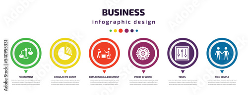 business infographic element with icons and 6 step or option. business icons such as punishment, circular pie chart, boss reading a document, proof of work, tones, men couple vector. can be used for