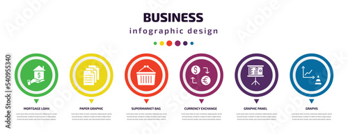 business infographic element with icons and 6 step or option. business icons such as mortgage loan, paper graphic, supermarket bag, currency exchange, graphic panel, graphs vector. can be used for