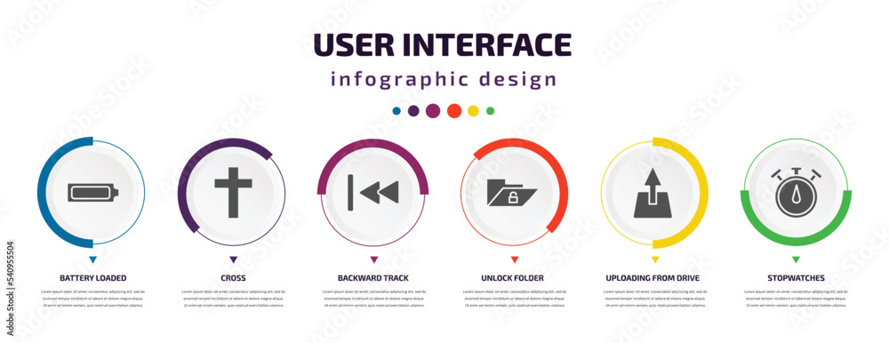 user interface infographic element with icons and 6 step or option. user interface icons such as battery loaded, cross, backward track, unlock folder, uploading from drive, stopwatches vector. can user interface infographic element with icons and 6 step or option. user interface icons such as battery loaded, cross, backward track, unlock folder, uploading from drive, stopwatches vector. can
