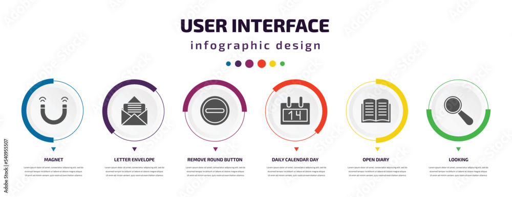 user interface infographic element with icons and 6 step or option ...