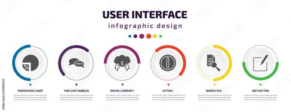user interface infographic element with icons and 6 step or option. user interface icons such as percentage chart, two chat bubbles, digital currency, letter i, search file, edit button vector. can user interface infographic element with icons and 6 step or option. user interface icons such as percentage chart, two chat bubbles, digital currency, letter i, search file, edit button vector. can