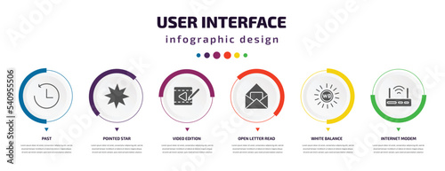 user interface infographic element with icons and 6 step or option. user interface icons such as past, pointed star, video edition, open letter read email, white balance, internet modem vector. can
