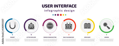 user interface infographic element with icons and 6 step or option. user interface icons such as magnet, letter envelope, remove round button, daily calendar day 14, open diary, looking vector. can