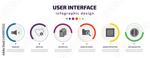 user interface infographic element with icons and 6 step or option. user interface icons such as sound off, add a like, multiple file, search in folder, square stop button, help web button vector.